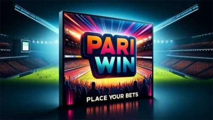 PariWin sports betting brand logo displayed over illuminated football stadium background with 'Place Your Bets' tagline