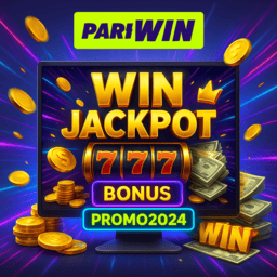 PariWin online casino promotional banner featuring jackpot theme with 777 slot symbols, gold coins, and bonus code PROMO2024